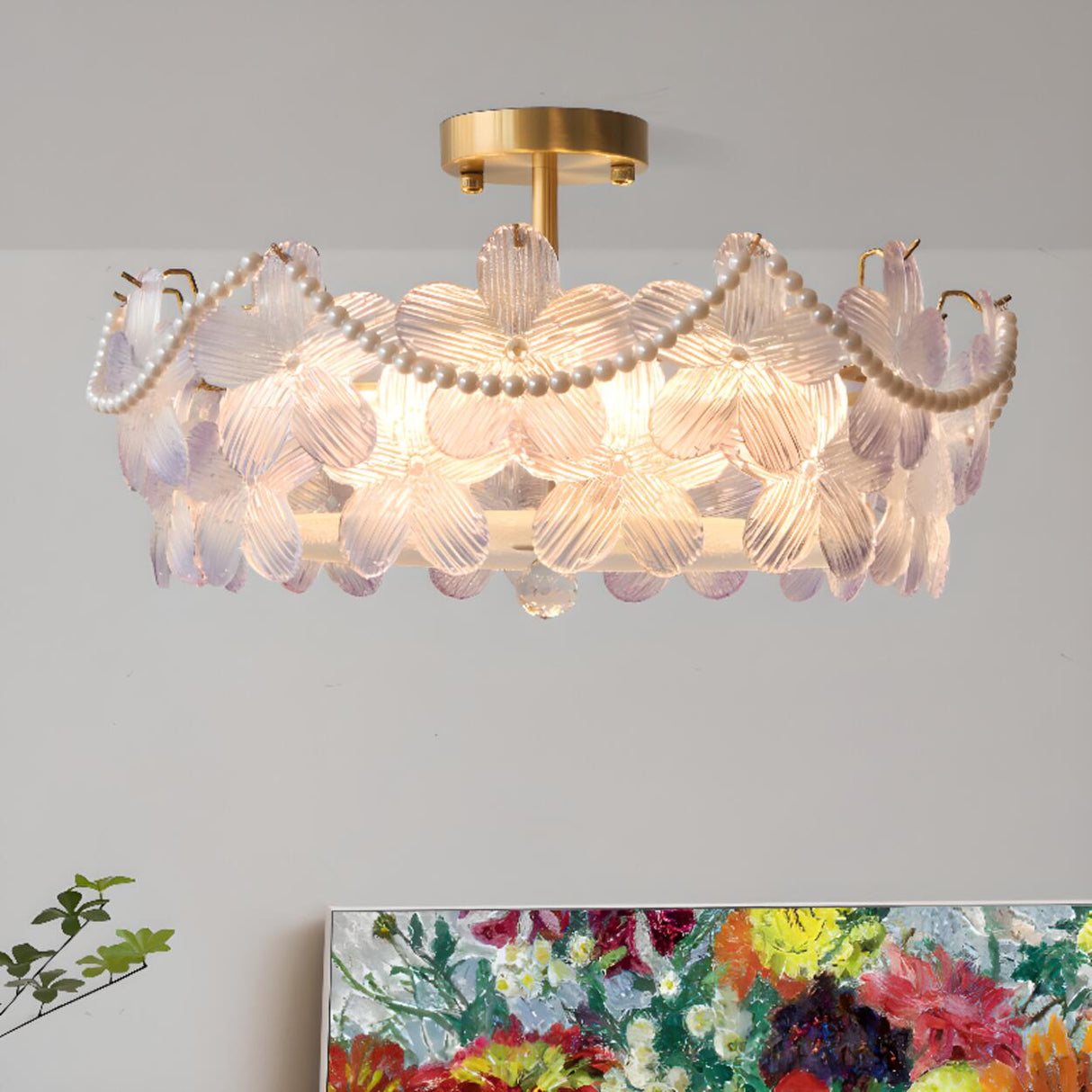 Pink Floral Glass Gold Round Semi-Flush Mount Lamp Image - 4