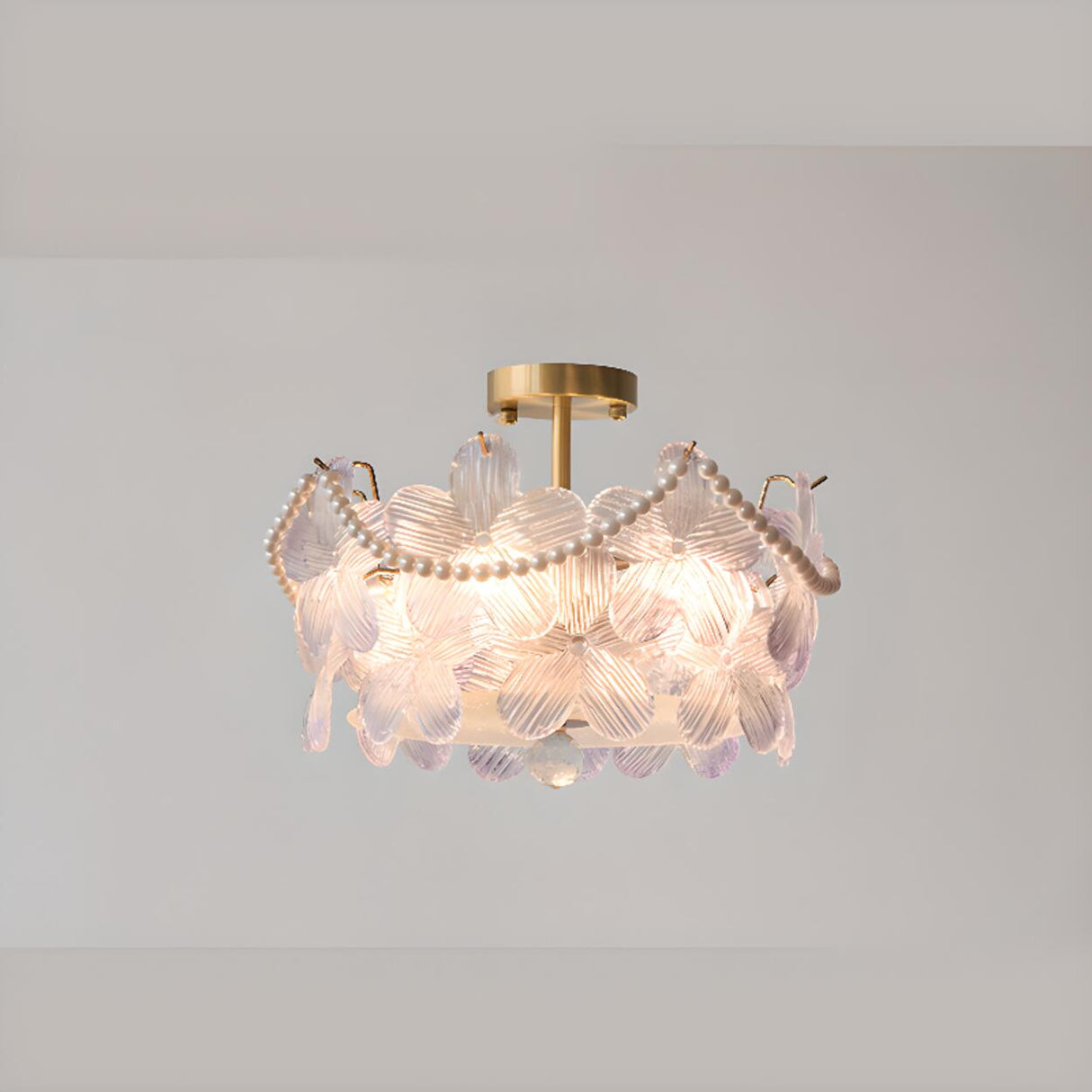 Pink Floral Glass Gold Round Semi-Flush Mount Lamp Image - 5