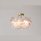 Pink Floral Glass Gold Round Semi-Flush Mount Lamp Image - 5