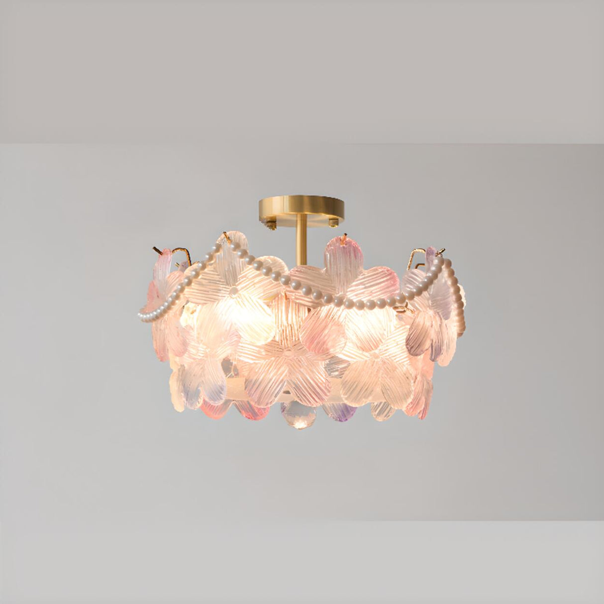 Pink Floral Glass Gold Round Semi-Flush Mount Lamp Image - 6