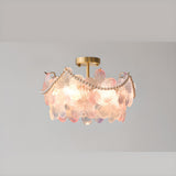 Pink Floral Glass Gold Round Semi-Flush Mount Lamp Image - 6