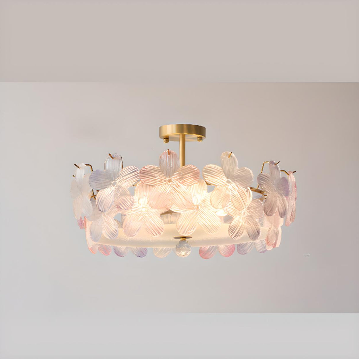 Pink Floral Glass Gold Round Semi-Flush Mount Lamp Image - 7