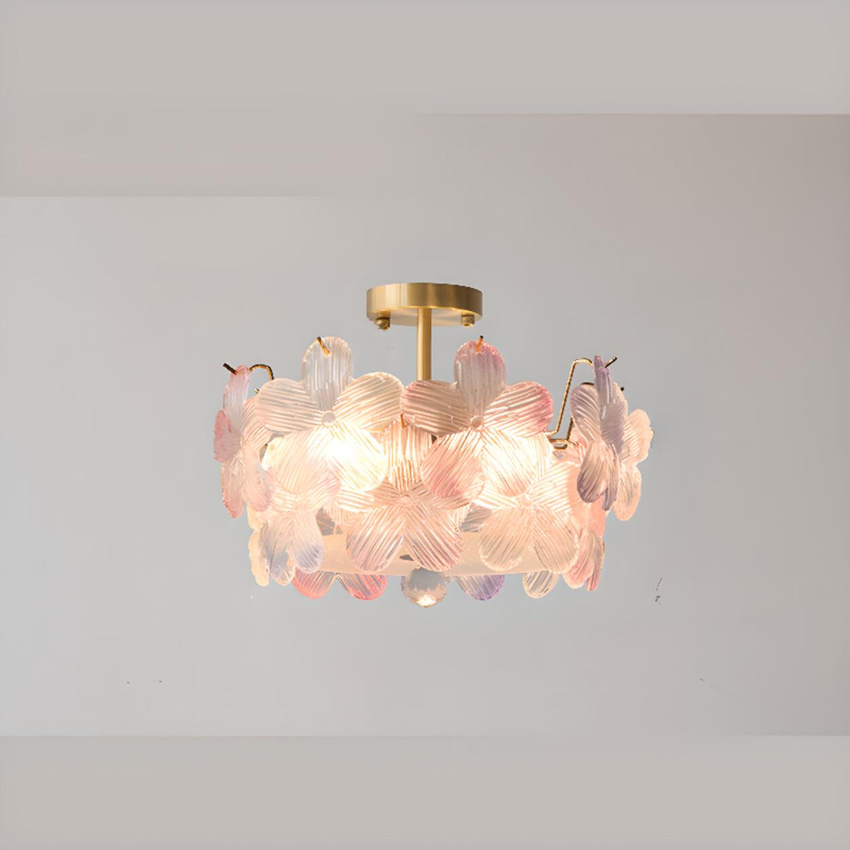 Pink Floral Glass Gold Round Semi-Flush Mount Lamp Image - 8