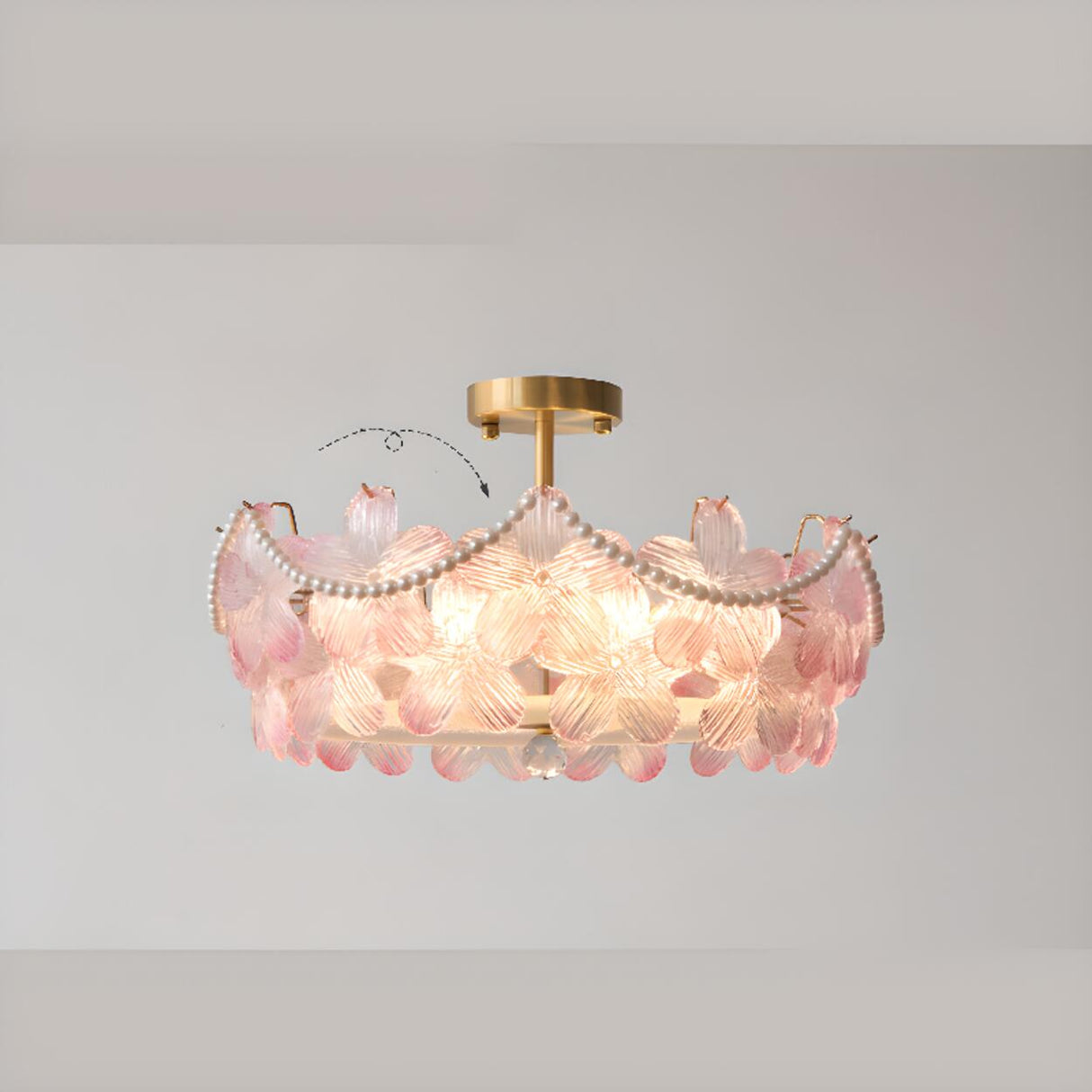 Pink Floral Glass Gold Round Semi-Flush Mount Lamp Image - 9