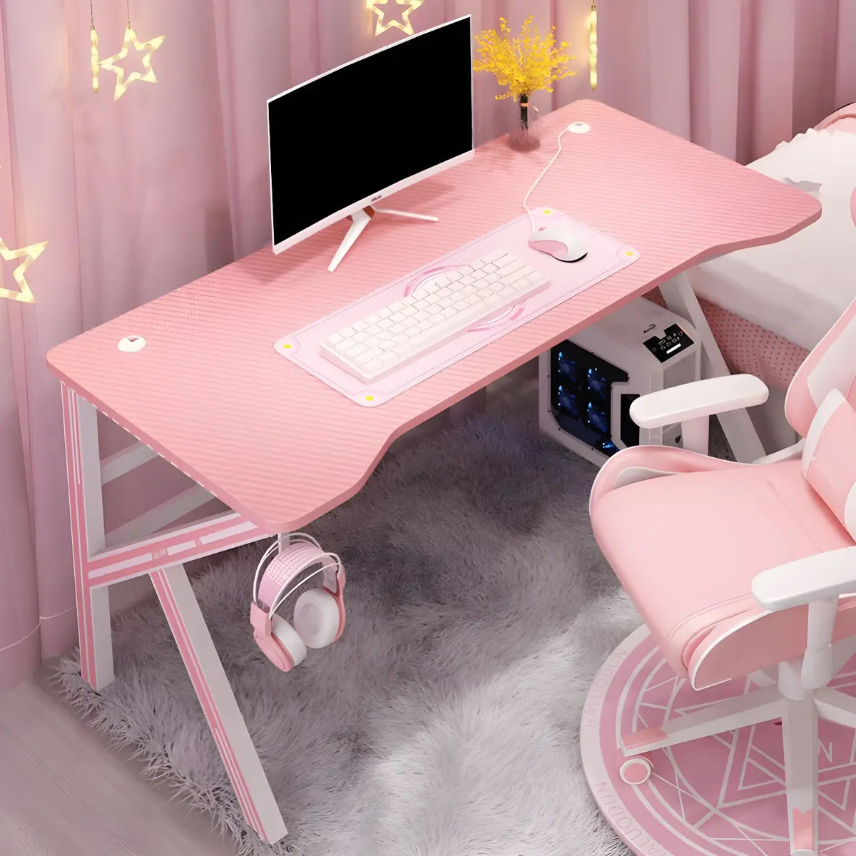 Pink Free Form Artificial Wood Iron Trestle Gaming Desk Image - 1