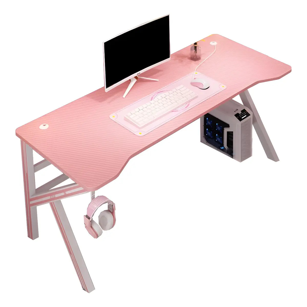 Pink Free Form Artificial Wood Iron Trestle Gaming Desk Image - 15