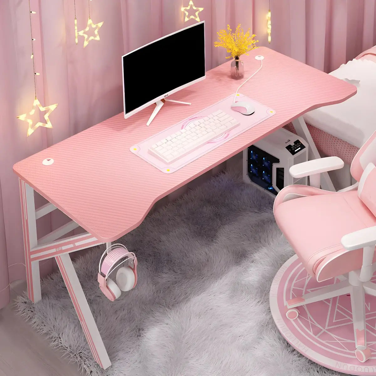 Pink Free Form Artificial Wood Iron Trestle Gaming Desk Image - 17