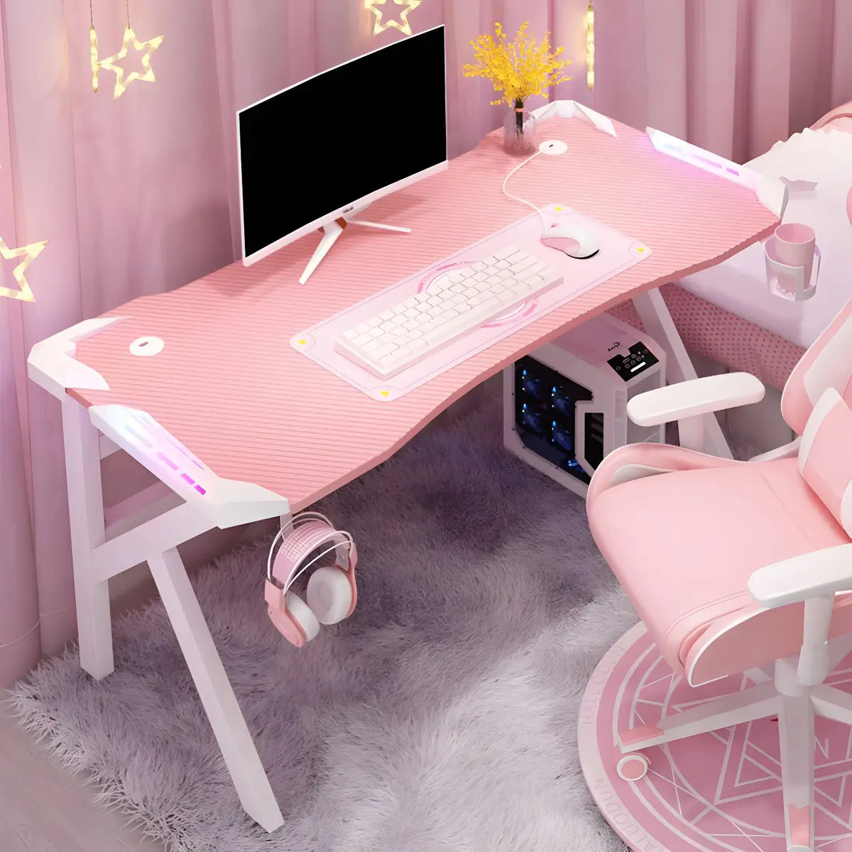 Pink Free Form Artificial Wood Iron Trestle Gaming Desk Image - 20