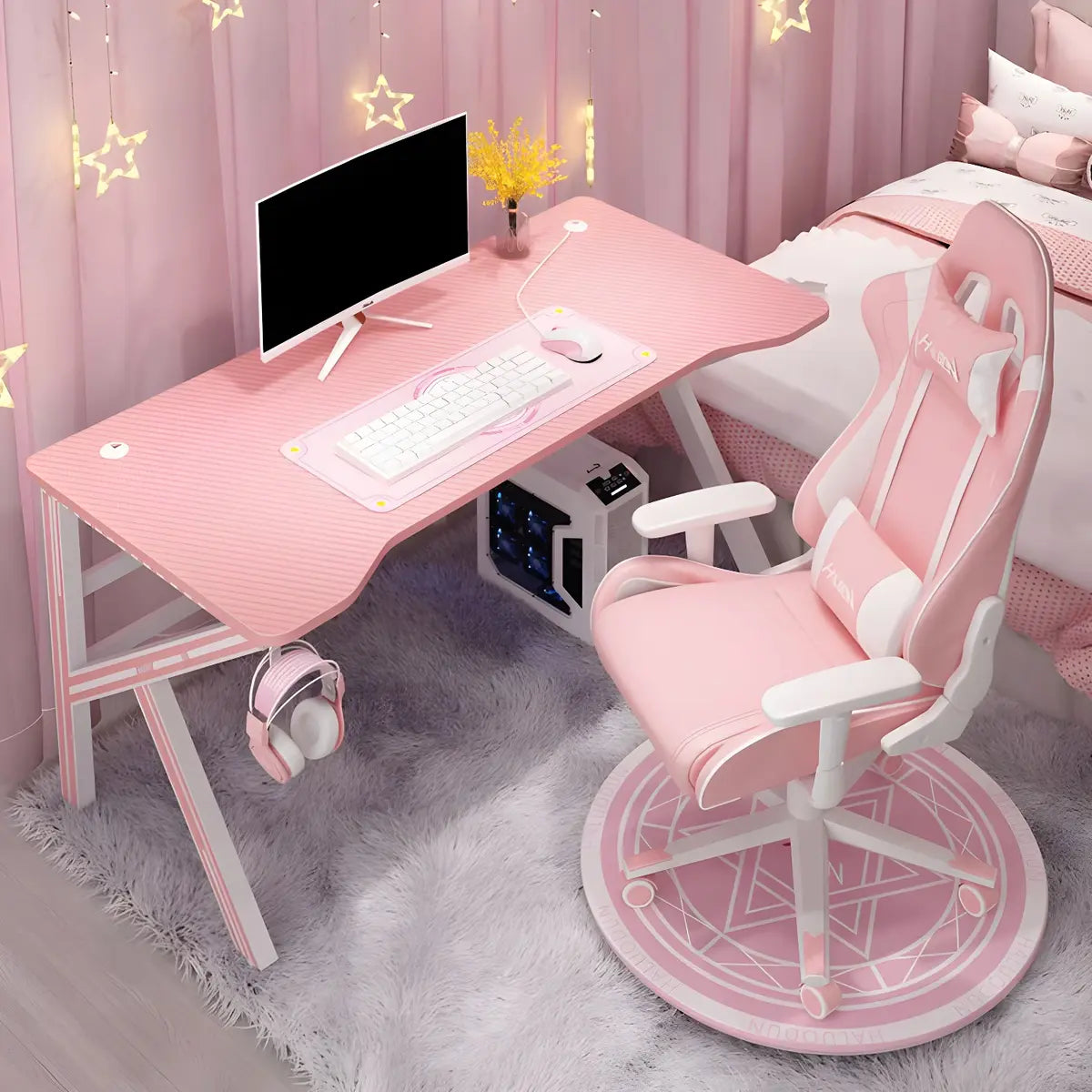 Pink Free Form Artificial Wood Iron Trestle Gaming Desk Image - 21