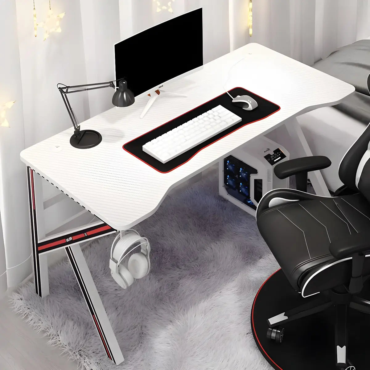 Pink Free Form Artificial Wood Iron Trestle Gaming Desk Image - 5