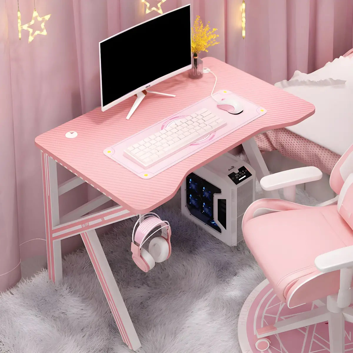 Pink Free Form Artificial Wood Iron Trestle Gaming Desk Image - 6