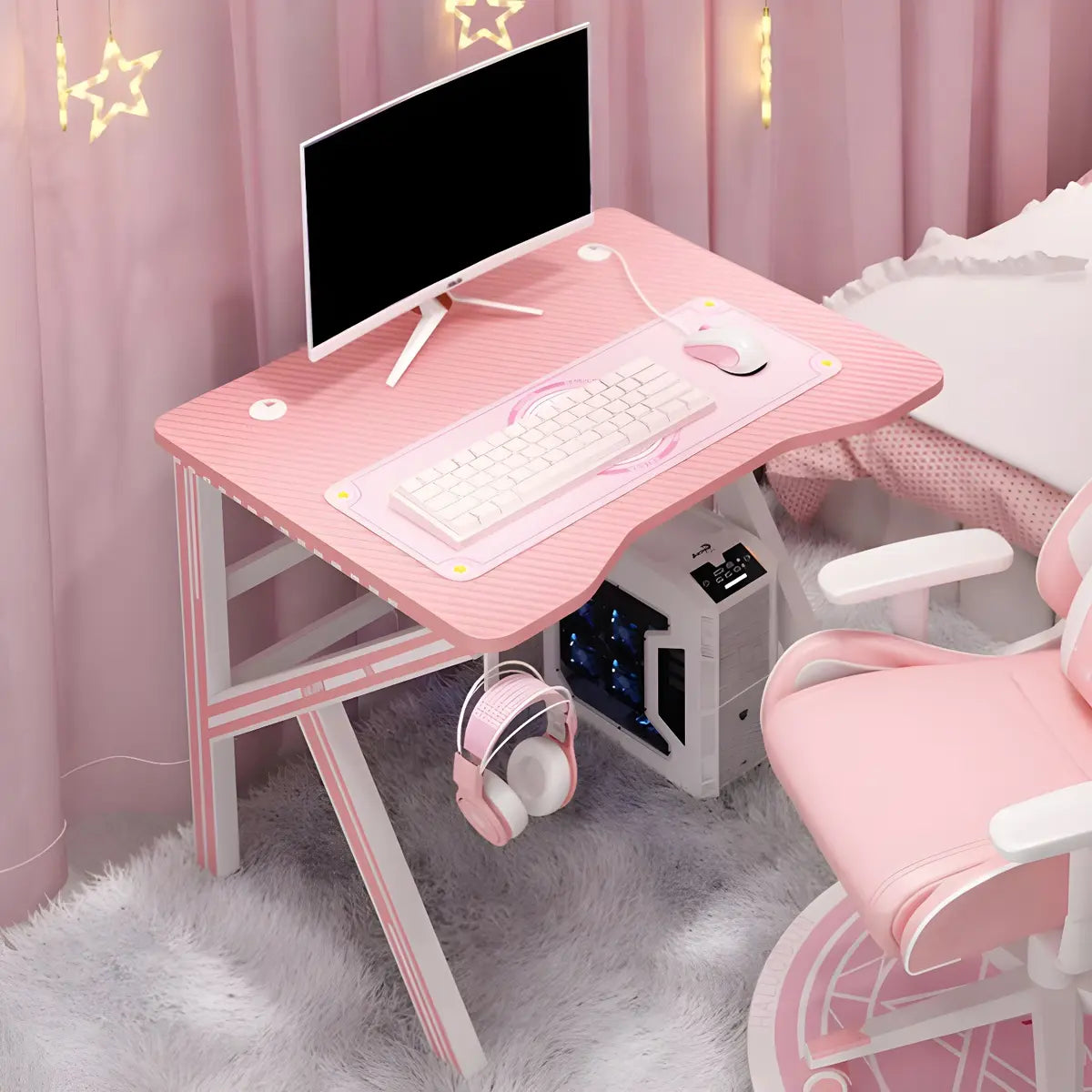 Pink Free Form Artificial Wood Iron Trestle Gaming Desk Image - 7