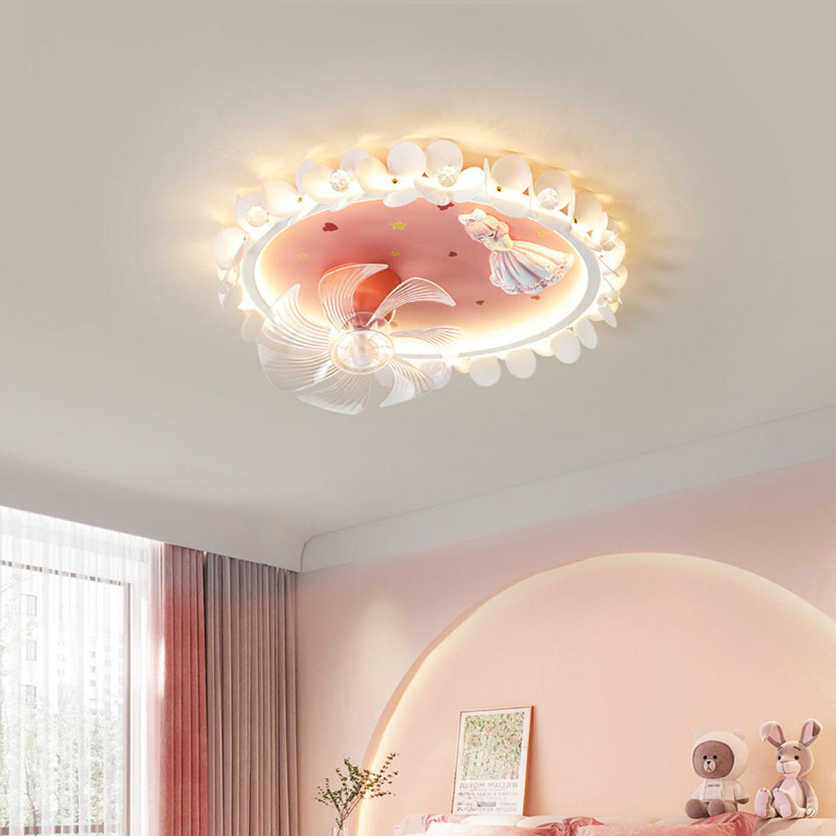 Pink Geometric Kids Room Clear Blades Ceiling Fan Light Image - 4