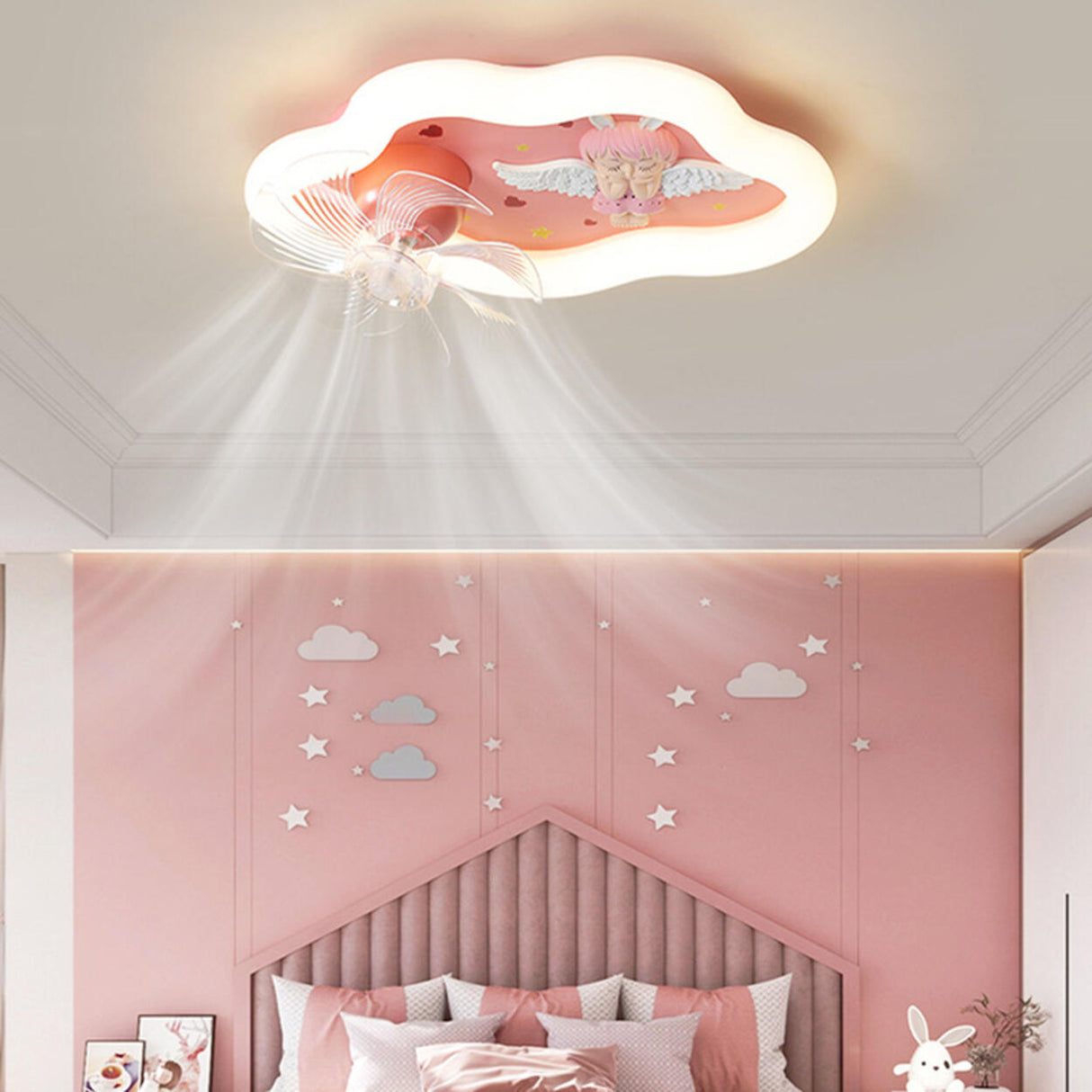 Pink Geometric Kids Room Clear Blades Ceiling Fan Light Image - 6