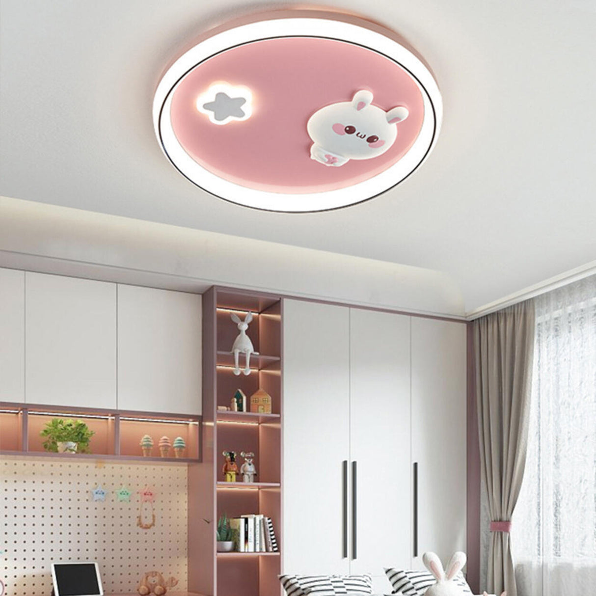 Pink Round Bunny Star LED Flush Mount Light Kids Room Image - 2