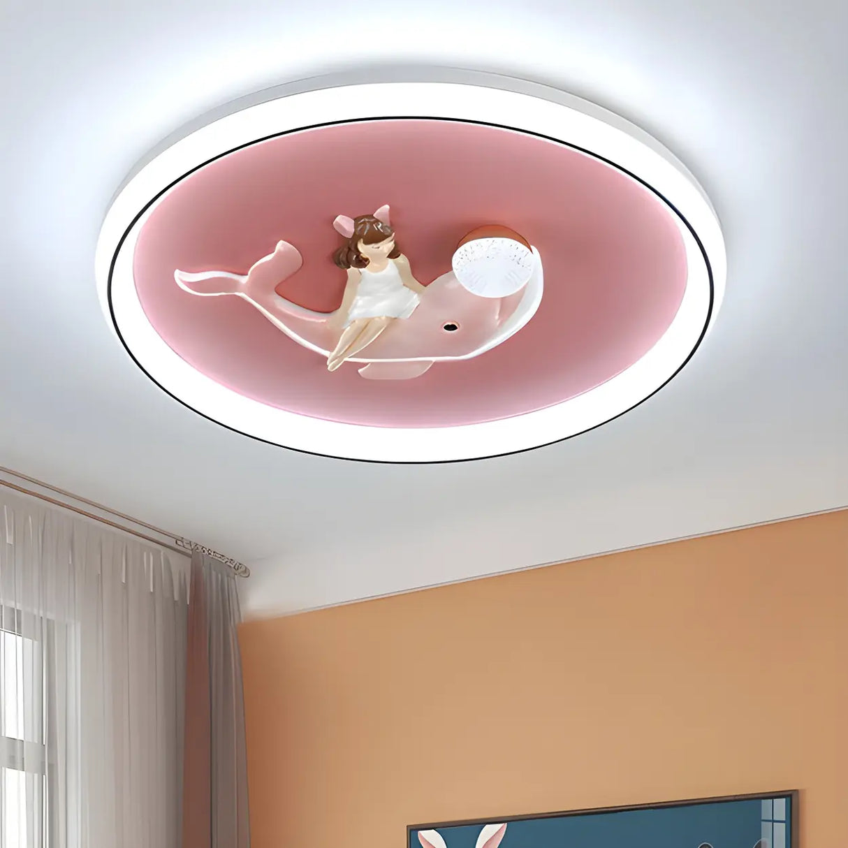 Pink Round Girl Dolphin LED Flush Mount Ceiling Light Image - 1