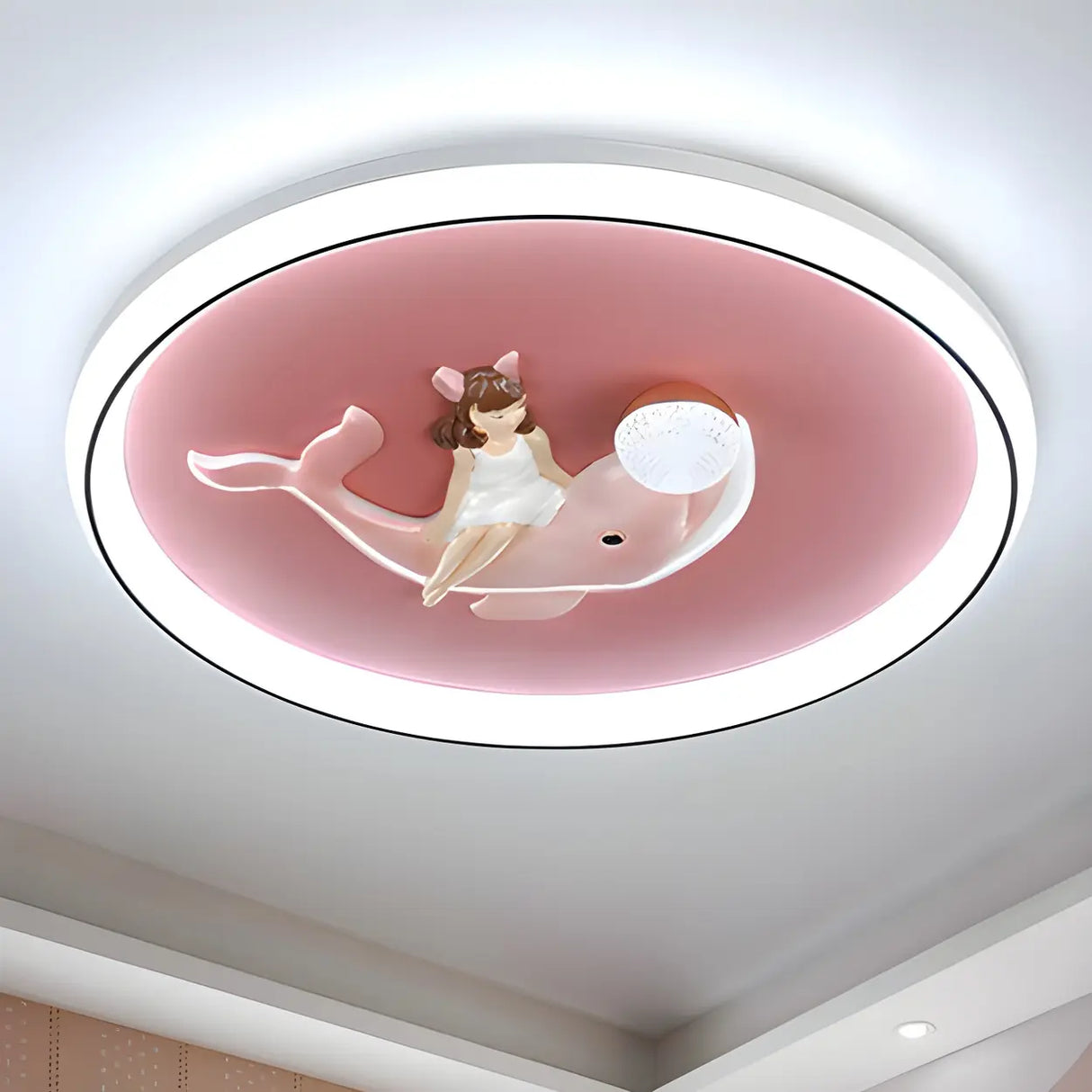 Pink Round Girl Dolphin LED Flush Mount Ceiling Light Image - 9