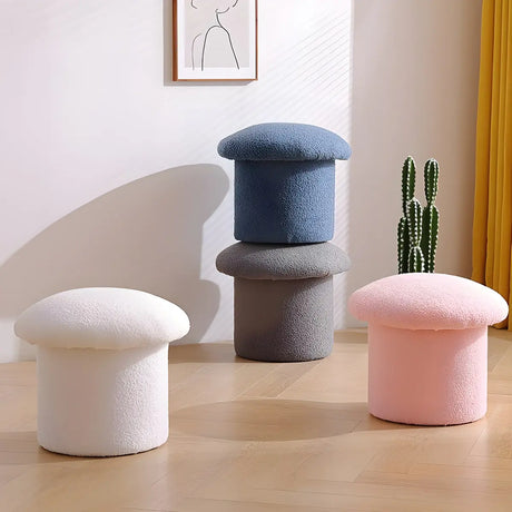 Pink Round Mushroom Sherpa Upholstered Small Ottoman Image - 1