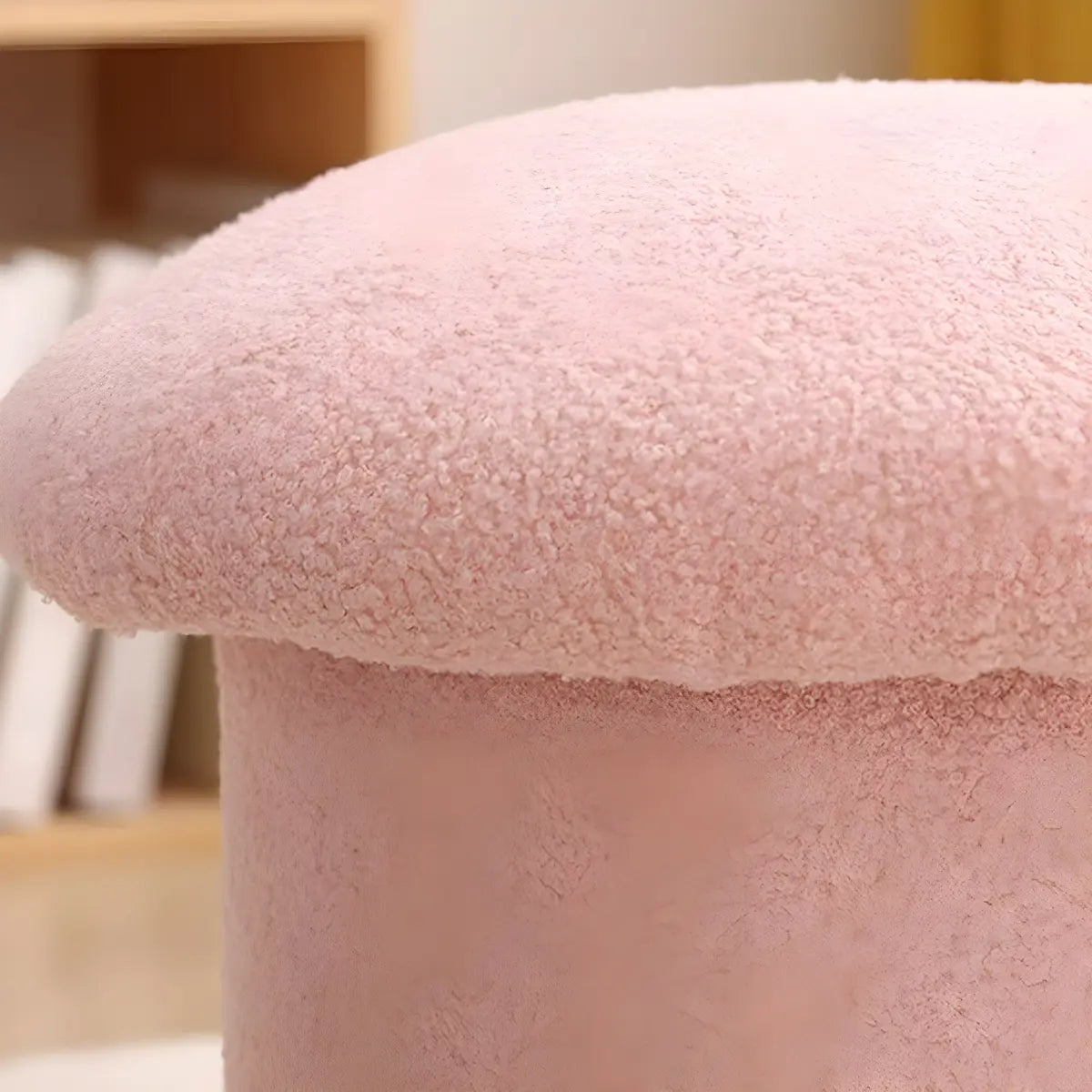 Pink Round Mushroom Sherpa Upholstered Small Ottoman Image - 13