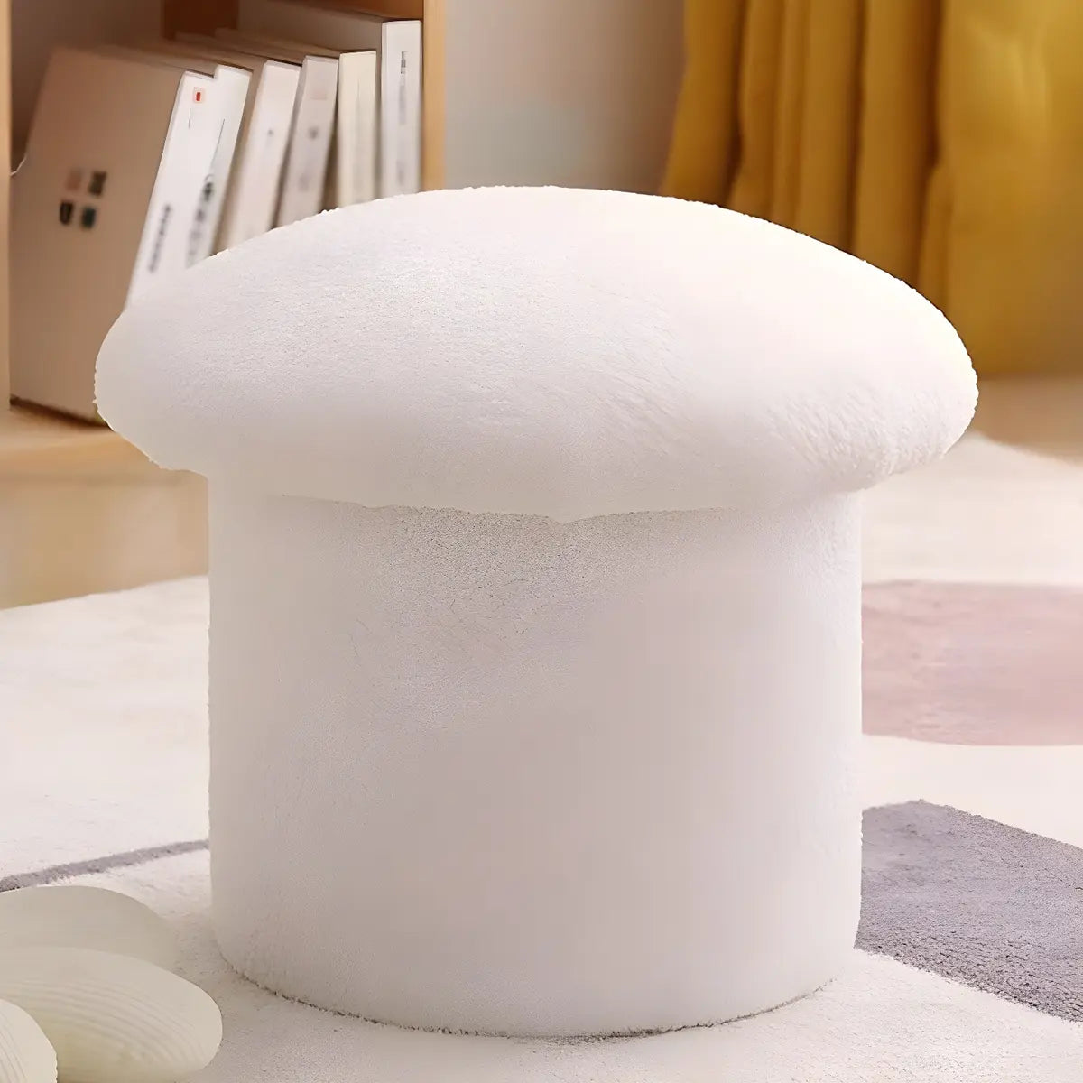 Pink Round Mushroom Sherpa Upholstered Small Ottoman Image - 2