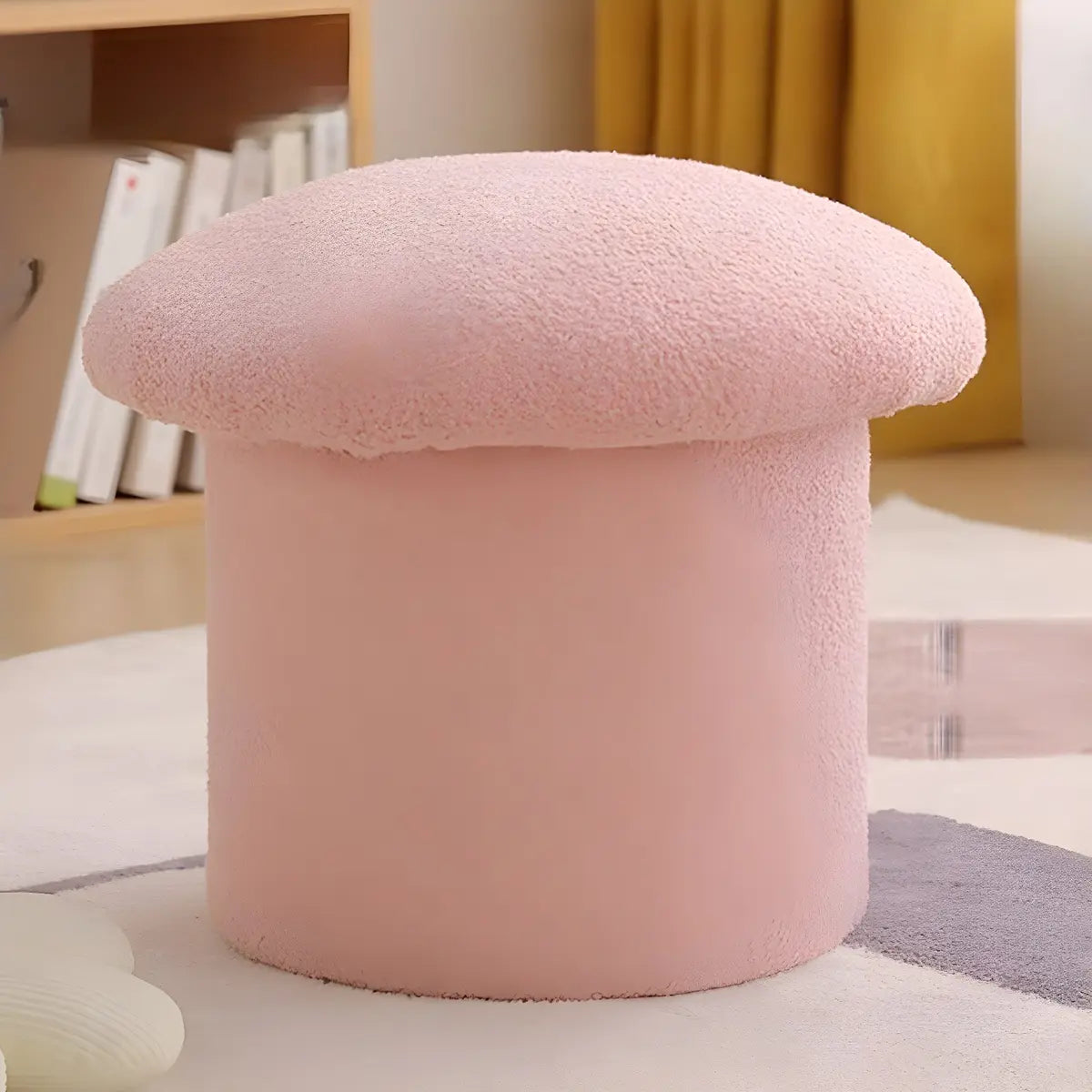 Pink Round Mushroom Sherpa Upholstered Small Ottoman Image - 3