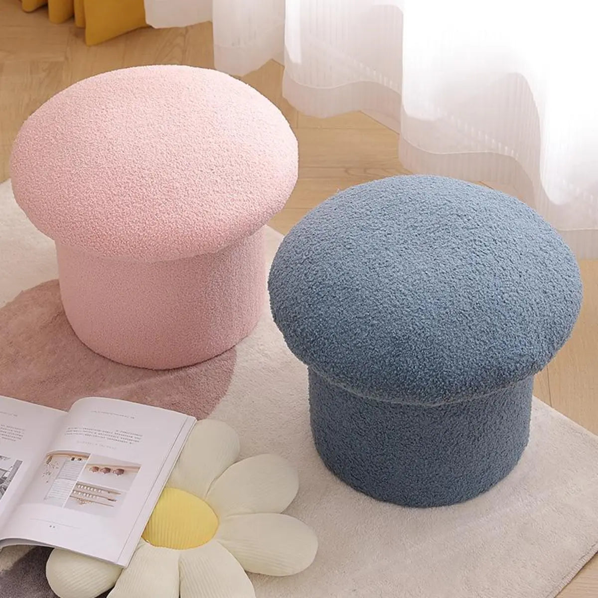 Pink Round Mushroom Sherpa Upholstered Small Ottoman Image - 4