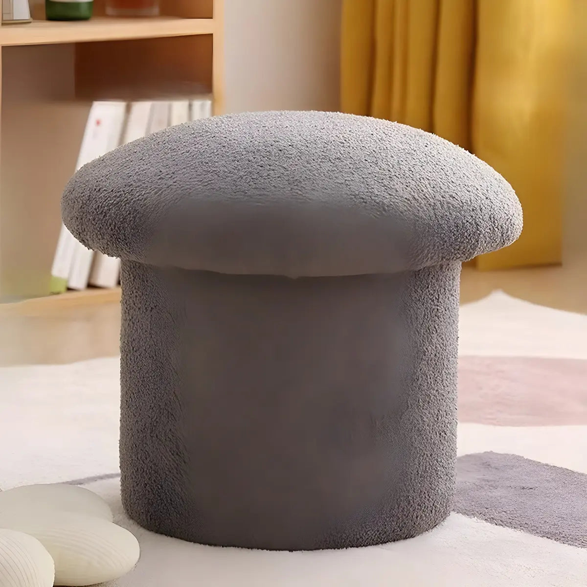 Pink Round Mushroom Sherpa Upholstered Small Ottoman Image - 7