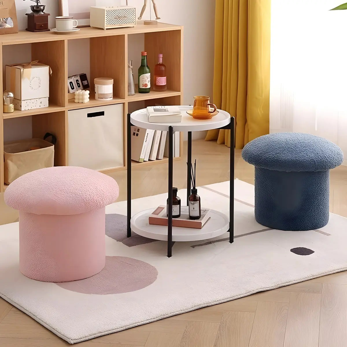 Pink Round Mushroom Sherpa Upholstered Small Ottoman Image - 9