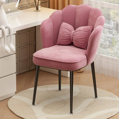 Pink Scalloped Velvet Solid Color Vanity Stool with Cushion Image - 2