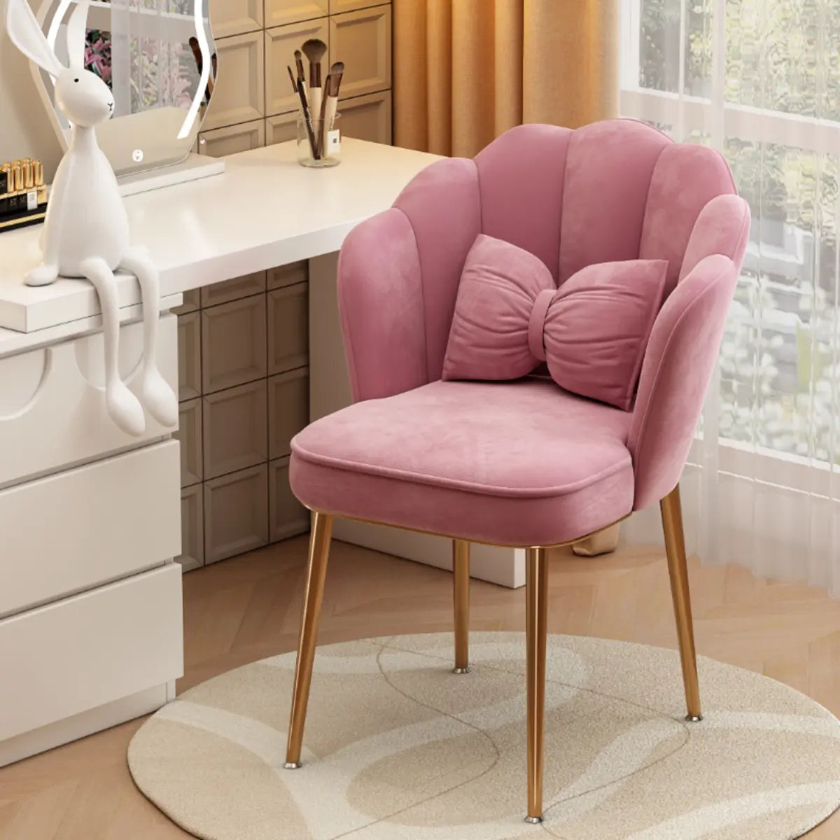 Pink Scalloped Velvet Solid Color Vanity Stool with Cushion Image - 23