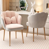 Pink Scalloped Velvet Solid Color Vanity Stool with Cushion Image - 7