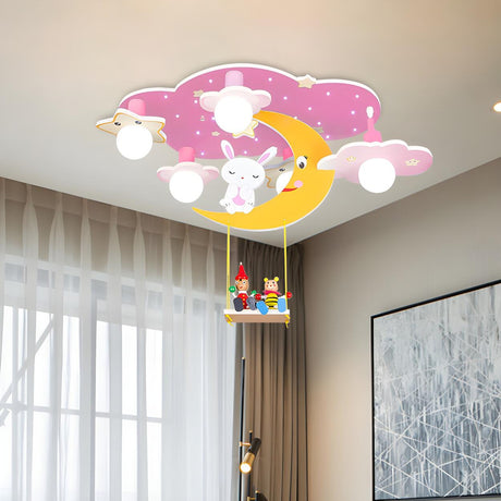 Pink Starry Cartoon Bunny Wood Semi-Flush Mount Light Image - 1