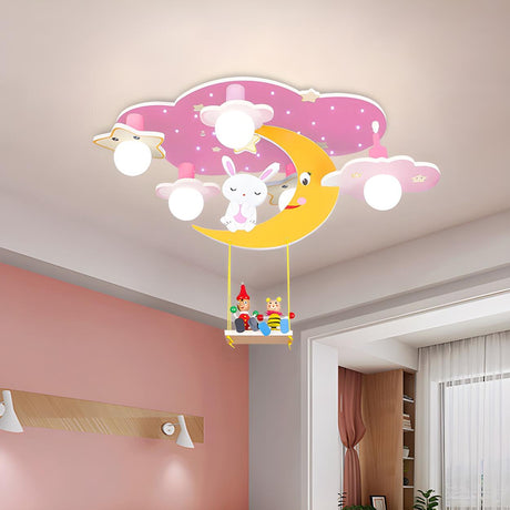 Pink Starry Cartoon Bunny Wood Semi-Flush Mount Light Image - 2