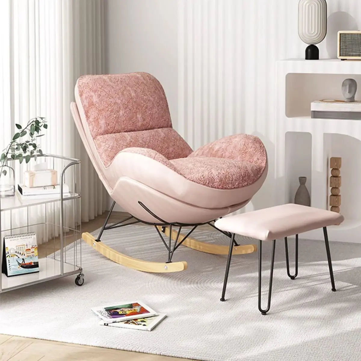 Pink Upholstered Natural Metal Leg Rocking Chair Image - 1