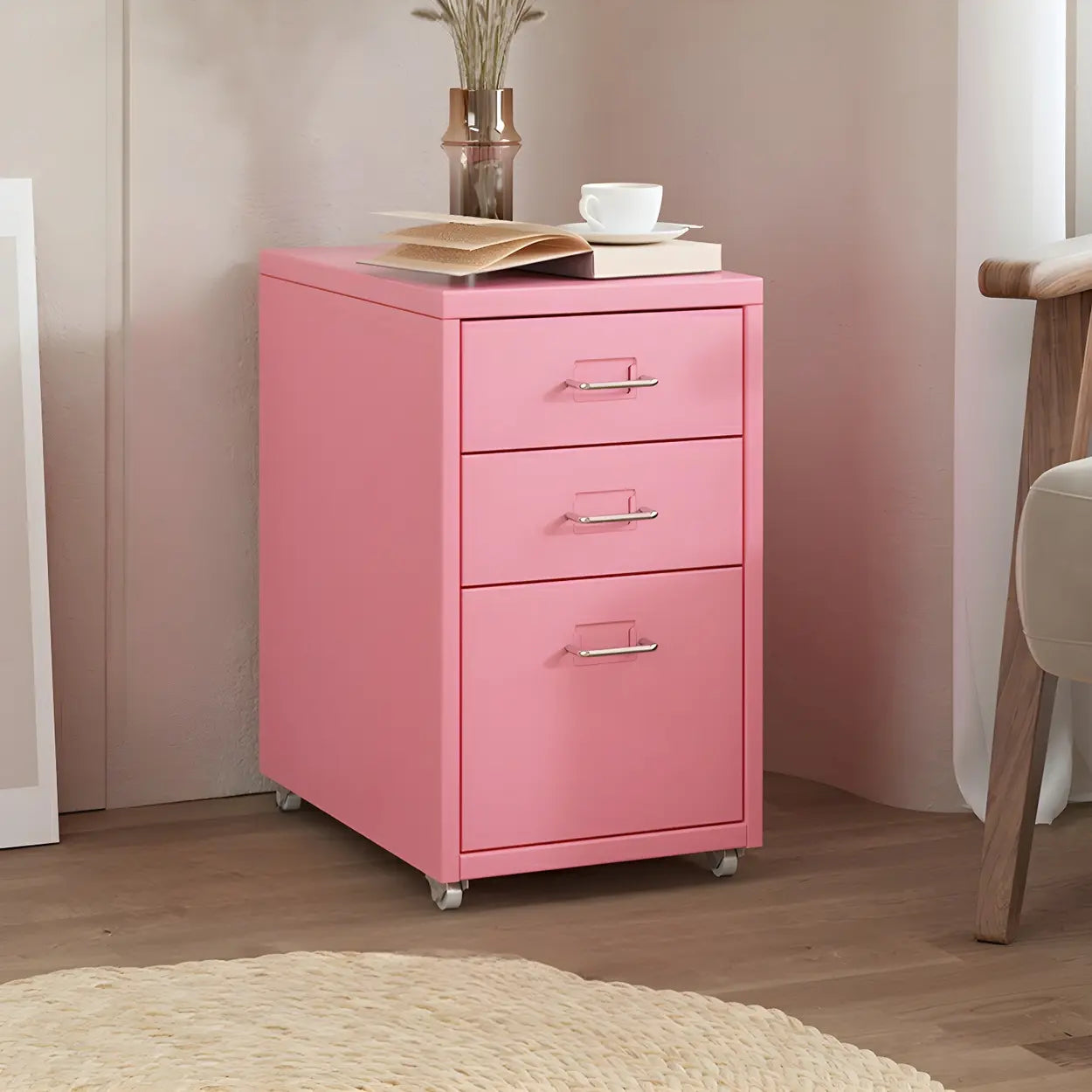 Pink Vertical Metal Casters Drawer Chest for Bedroom Image - 1