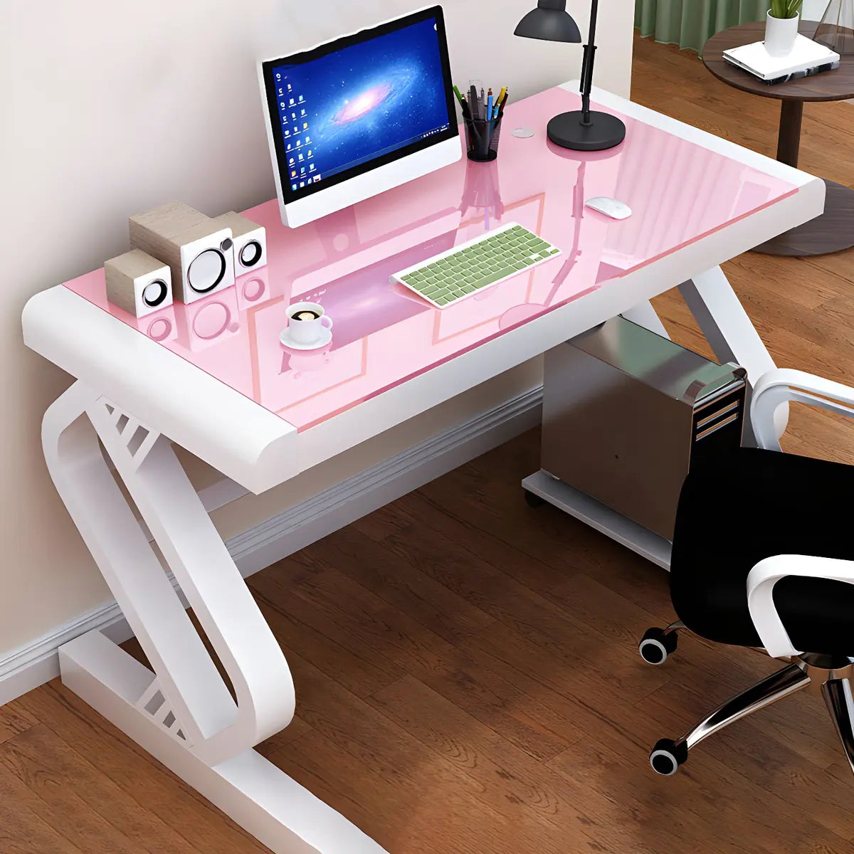 Pink-White Glass Metal Trestle Base Small Gaming Desk Image - 1