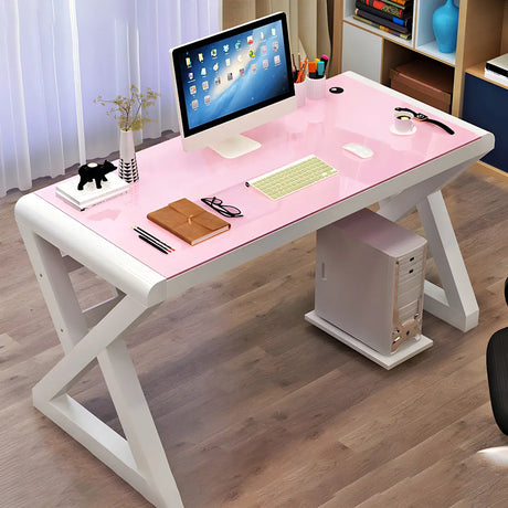 Pink-White Glass Metal Trestle Base Small Gaming Desk Image - 2