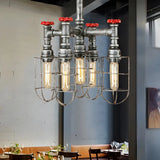 Pipe Cage Metal Silver Restaurant Edison Bulb Chandelier Image - 1