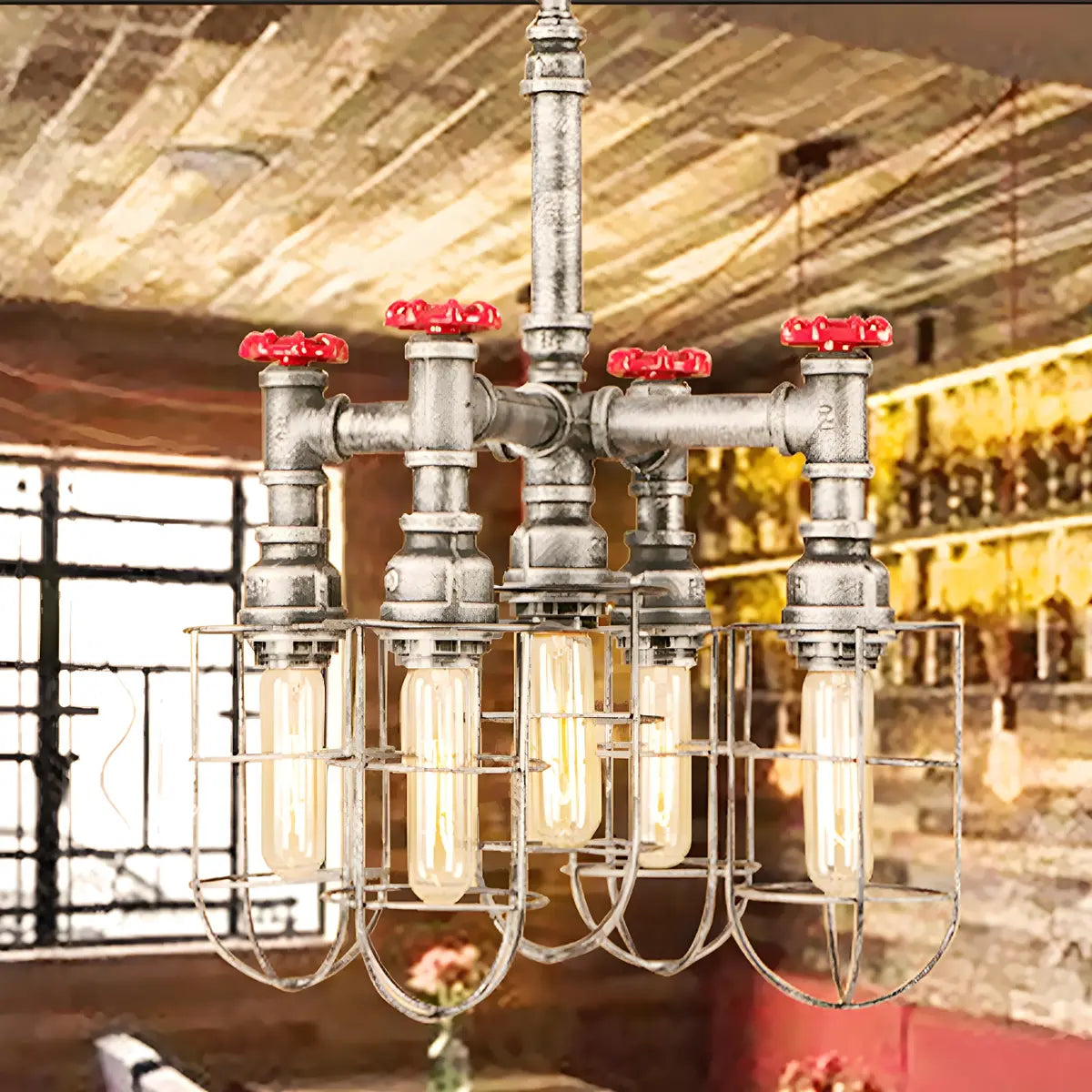 Pipe Cage Metal Silver Restaurant Edison Bulb Chandelier Image - 2