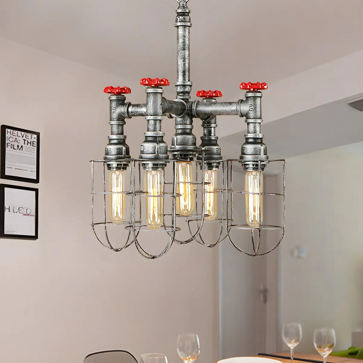 Pipe Cage Metal Silver Restaurant Edison Bulb Chandelier Image - 3