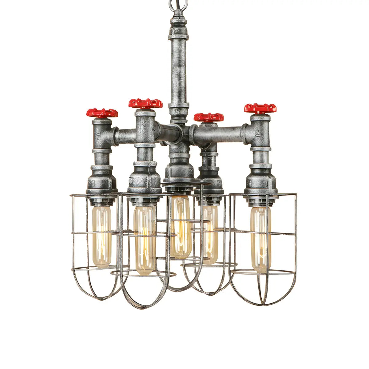 Pipe Cage Metal Silver Restaurant Edison Bulb Chandelier Image - 4