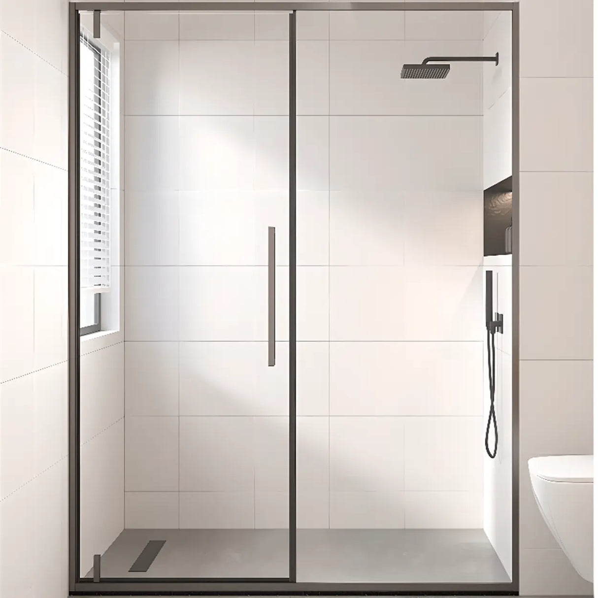 Pivot Clear Glass Hinges Black Frame Shower Door with Handle Image - 3