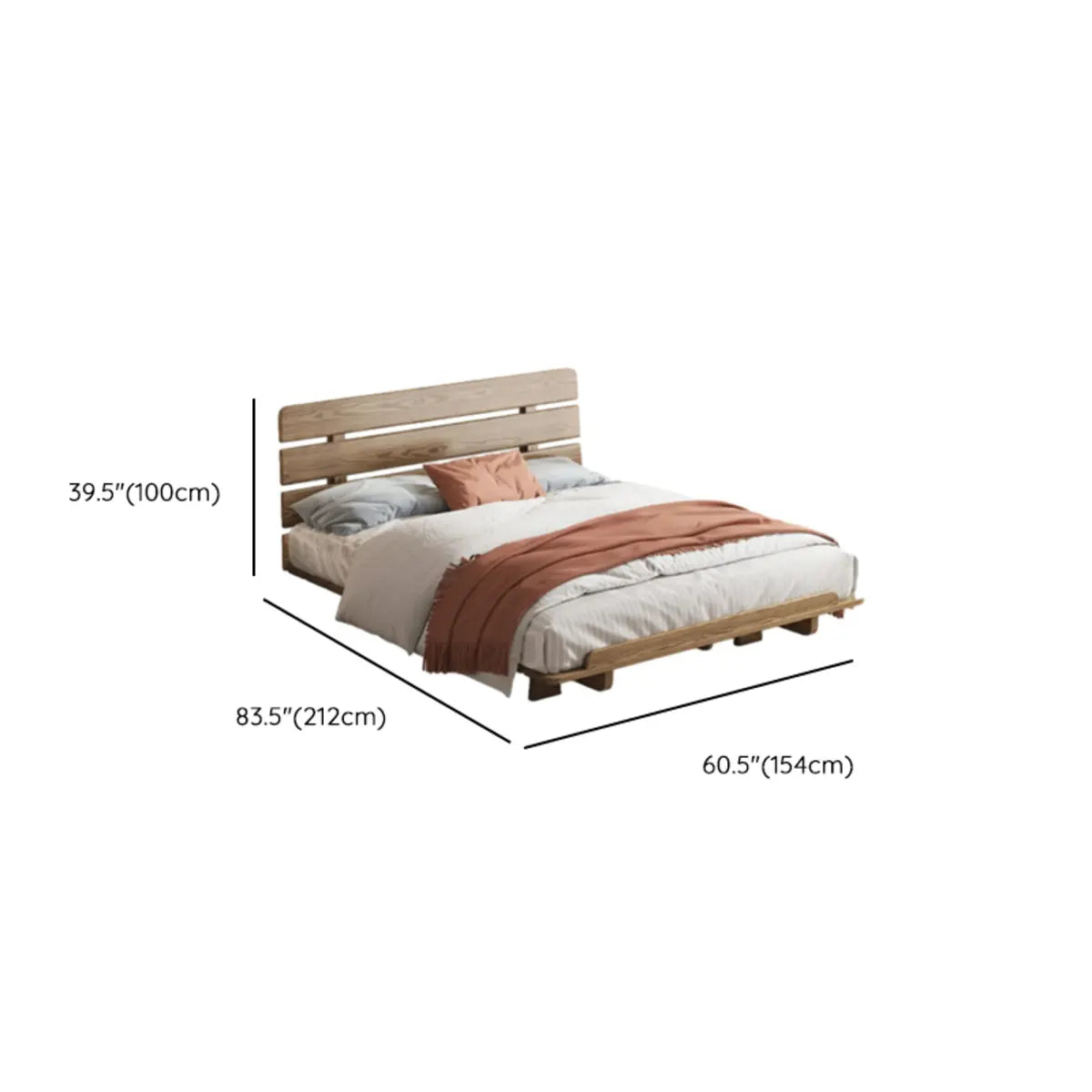 Platform Ash Wood Brown Queen Slat Bed with Headboard 