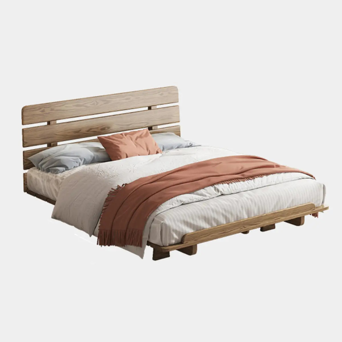 Platform Ash Wood Brown Queen Slat Bed with Headboard Image - 2