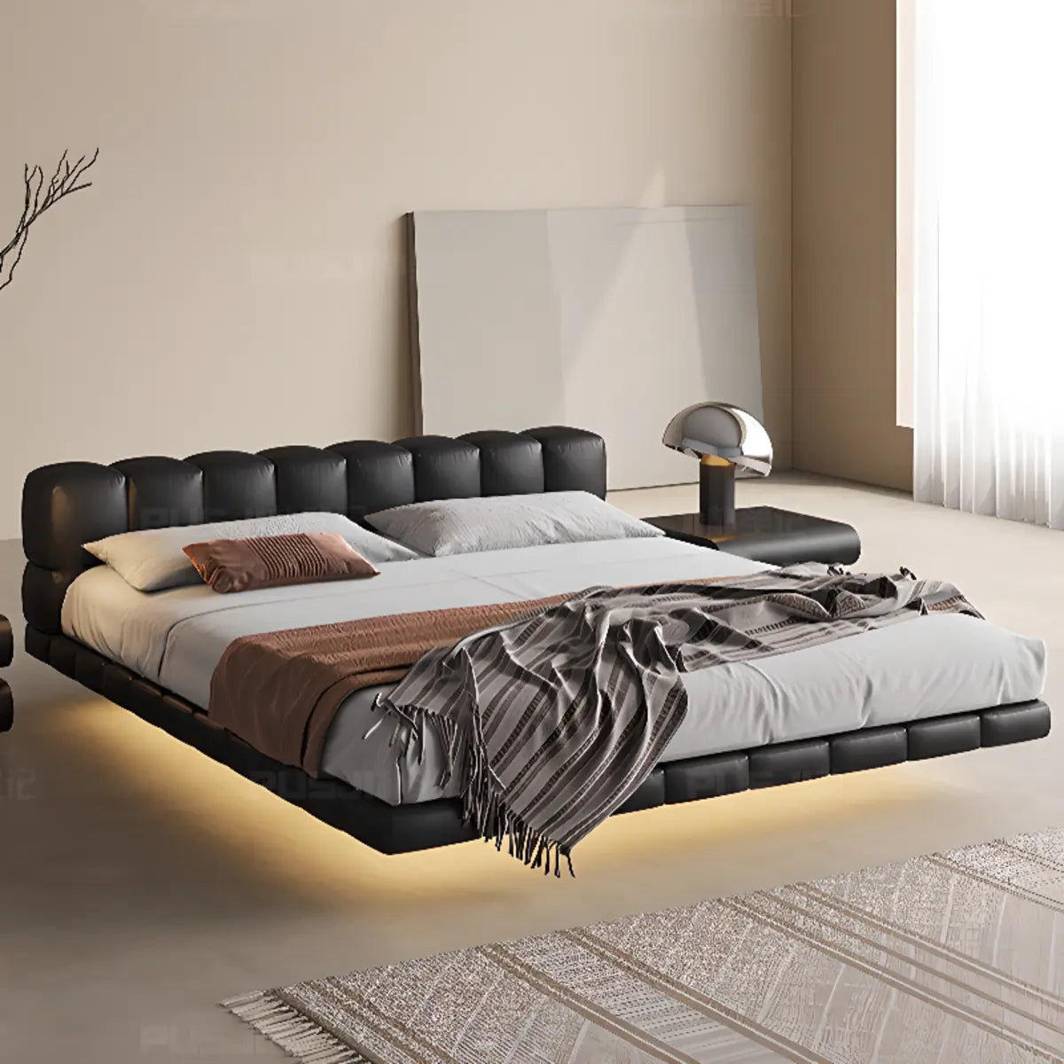 Platform Leather Black Upholstered Headboard Queen Bed Image - 4