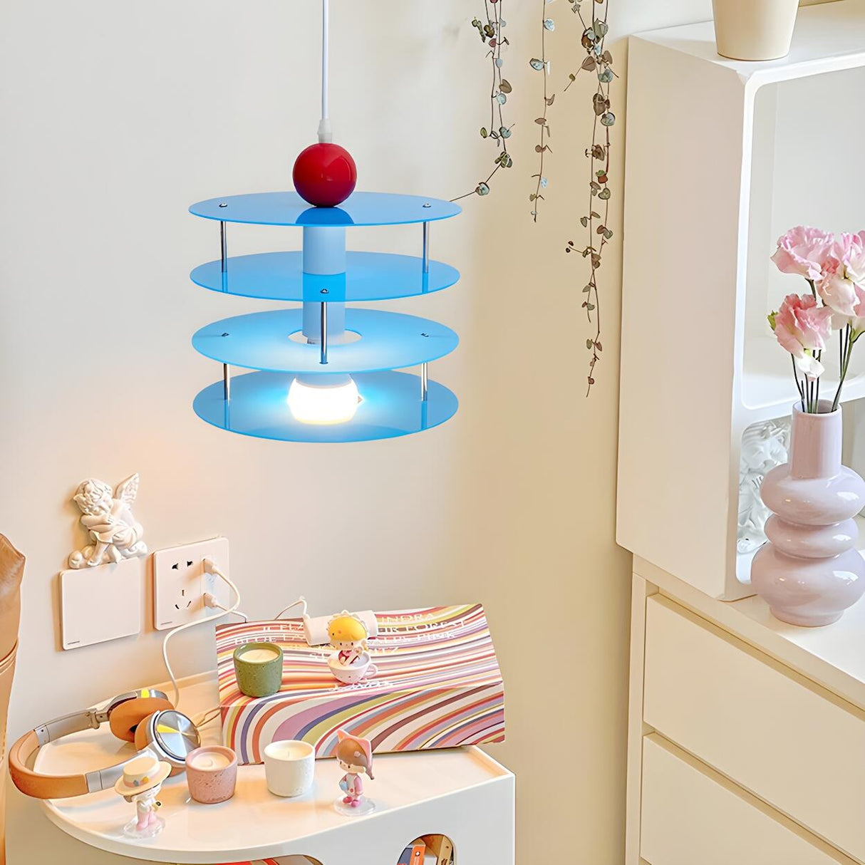 Playful Layered Disc Acrylic Blue Kids Room Pendant Light Image - 3