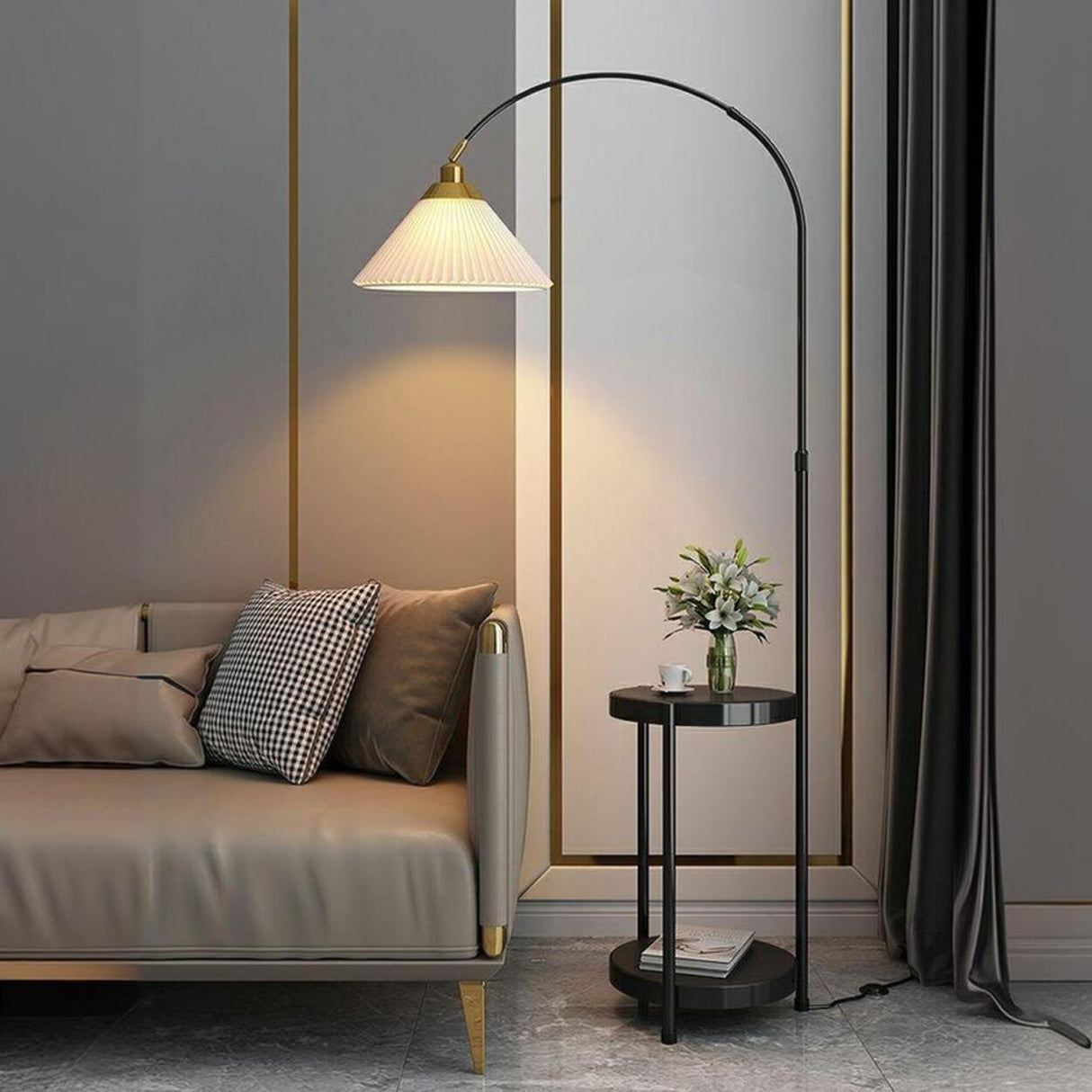 Pleated Cone Modern Arched Floor Lamp with Shelves Image - 1