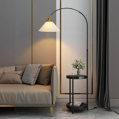 Pleated Cone Modern Arched Floor Lamp with Shelves Image - 2