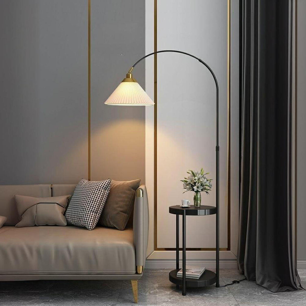 Pleated Cone Modern Arched Floor Lamp with Shelves Image - 6