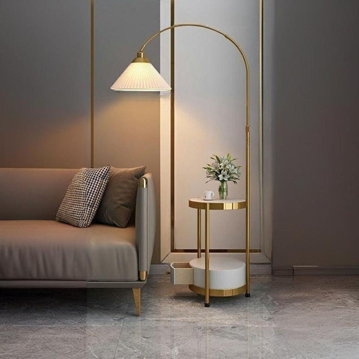 Pleated Cone Modern Arched Floor Lamp with Shelves Image - 7